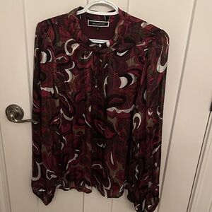 NWOT Melanie Lyne Wine Paisley Key-Hole Front Long-Sleeve Blouse, size L